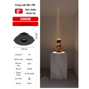 đèn âm trần tia sáng nhỏ Góc chiếu 8°, chùm tia sáng lớn hơn